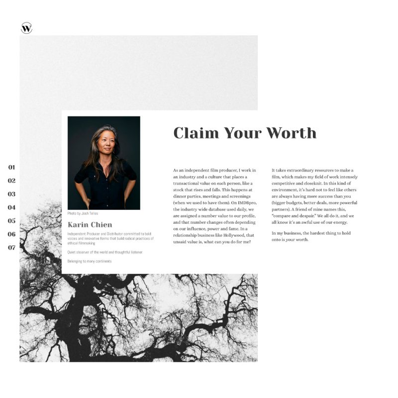Screen capture of a website with a photo of a woman, text and in the background a tree.